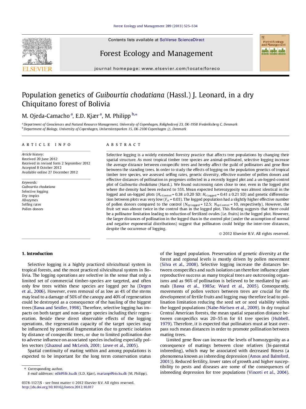 Population genetics of Guibourtia chodatiana (Hassl.) J. Leonard, in a dry Chiquitano forest of Bolivia