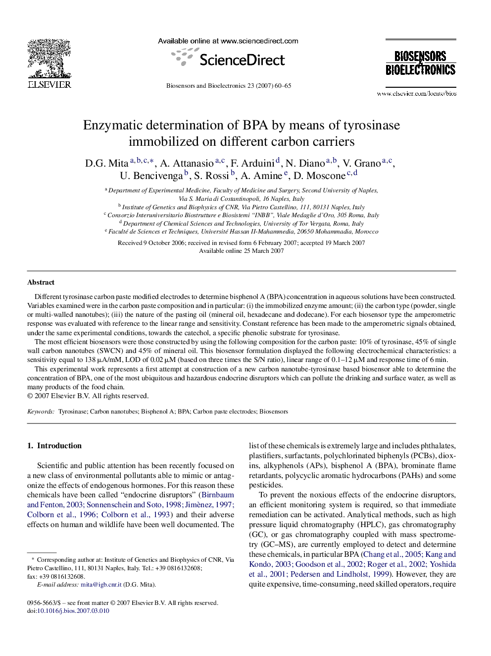 Enzymatic determination of BPA by means of tyrosinase immobilized on different carbon carriers