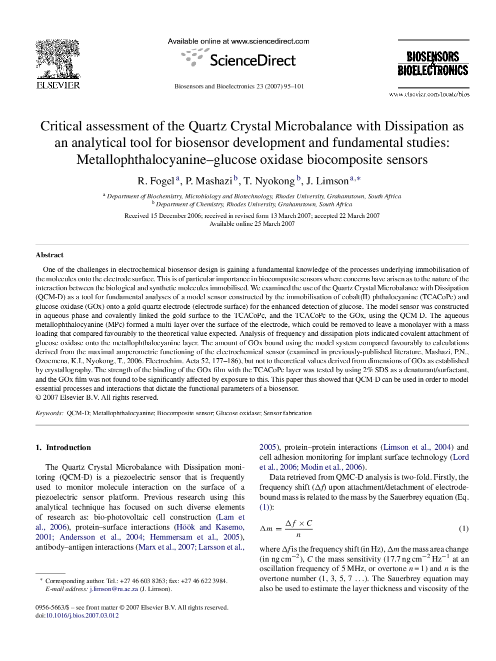 Critical assessment of the Quartz Crystal Microbalance with Dissipation as an analytical tool for biosensor development and fundamental studies: Metallophthalocyanine–glucose oxidase biocomposite sensors