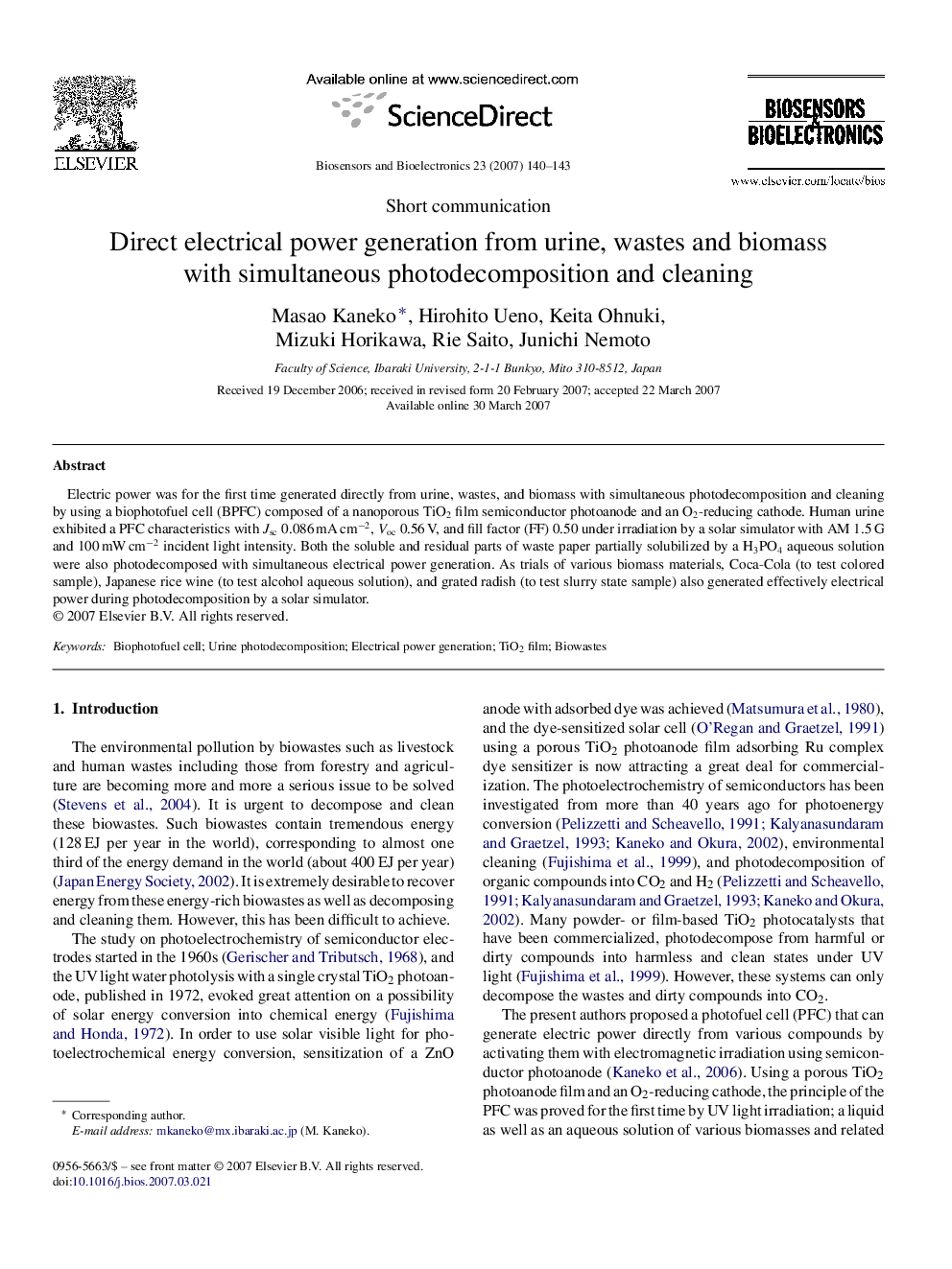 Direct electrical power generation from urine, wastes and biomass with simultaneous photodecomposition and cleaning