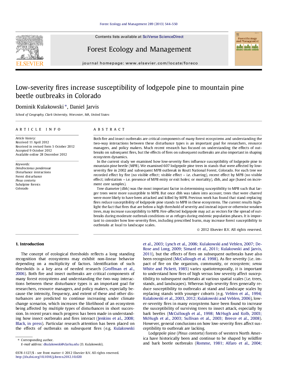 Low-severity fires increase susceptibility of lodgepole pine to mountain pine beetle outbreaks in Colorado