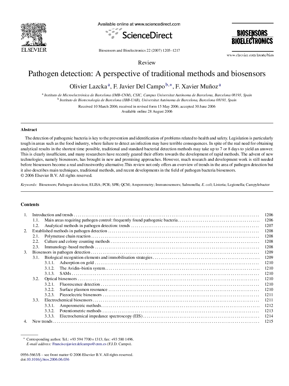 Pathogen detection: A perspective of traditional methods and biosensors