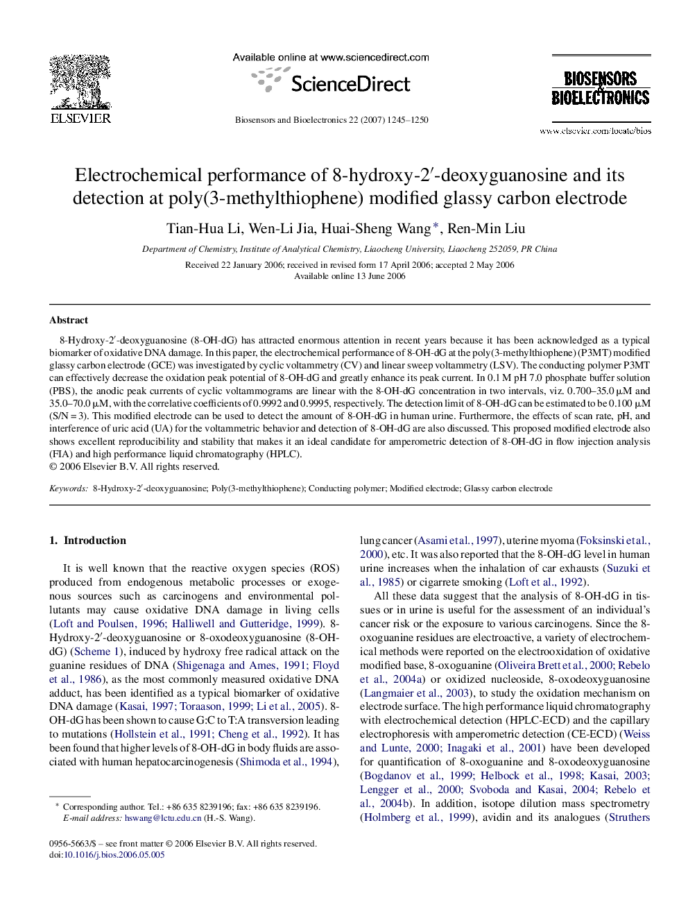 Electrochemical performance of 8-hydroxy-2′-deoxyguanosine and its detection at poly(3-methylthiophene) modified glassy carbon electrode