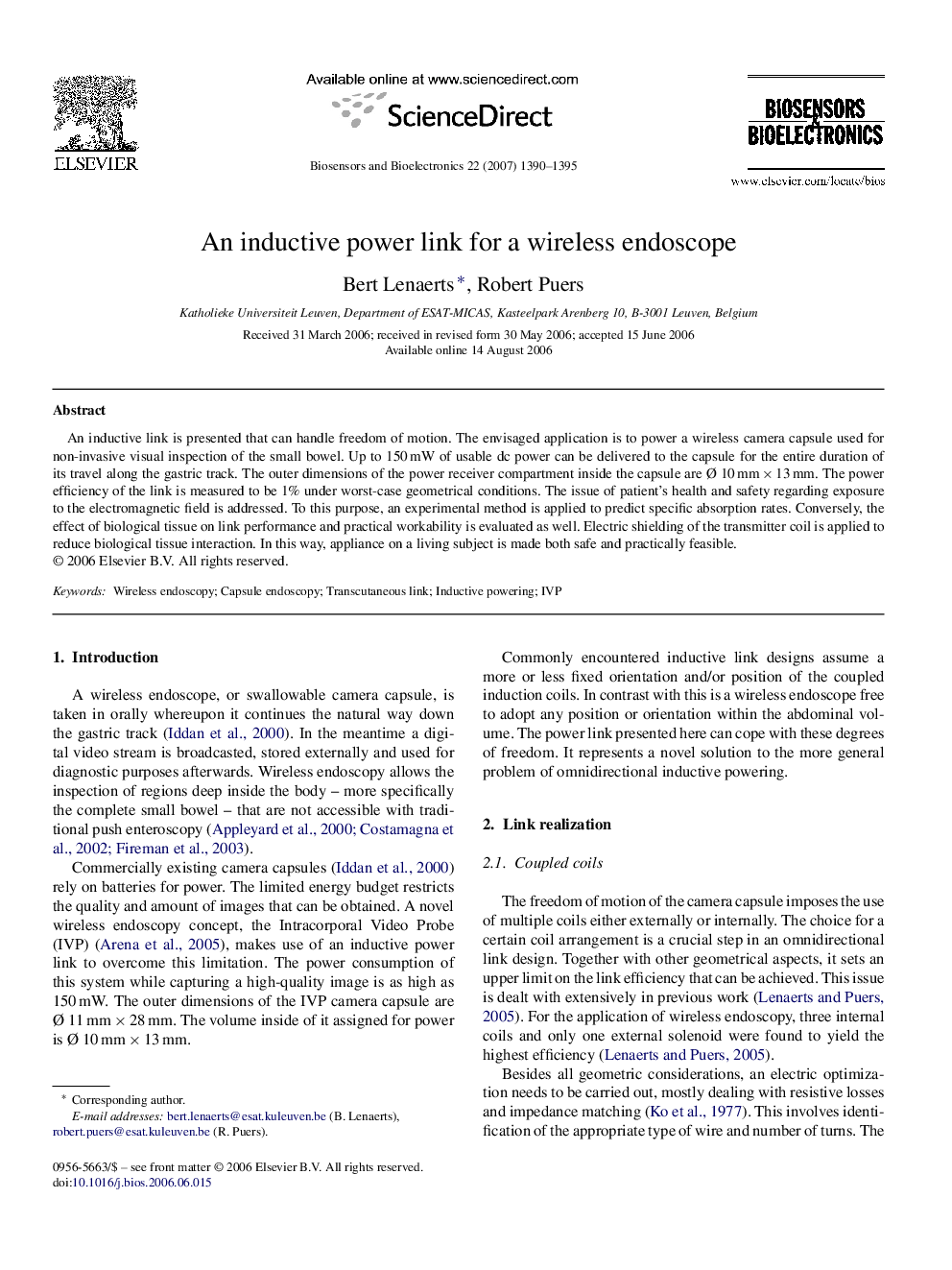 عکس صفحه اول مقاله: An inductive power link for a wireless endoscope An inductive power link for a wireless endoscope