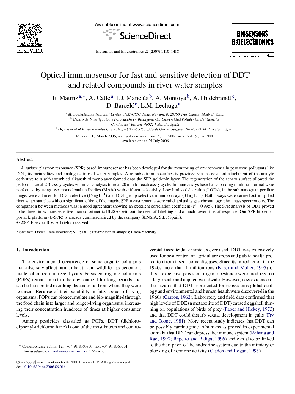 Optical immunosensor for fast and sensitive detection of DDT and related compounds in river water samples