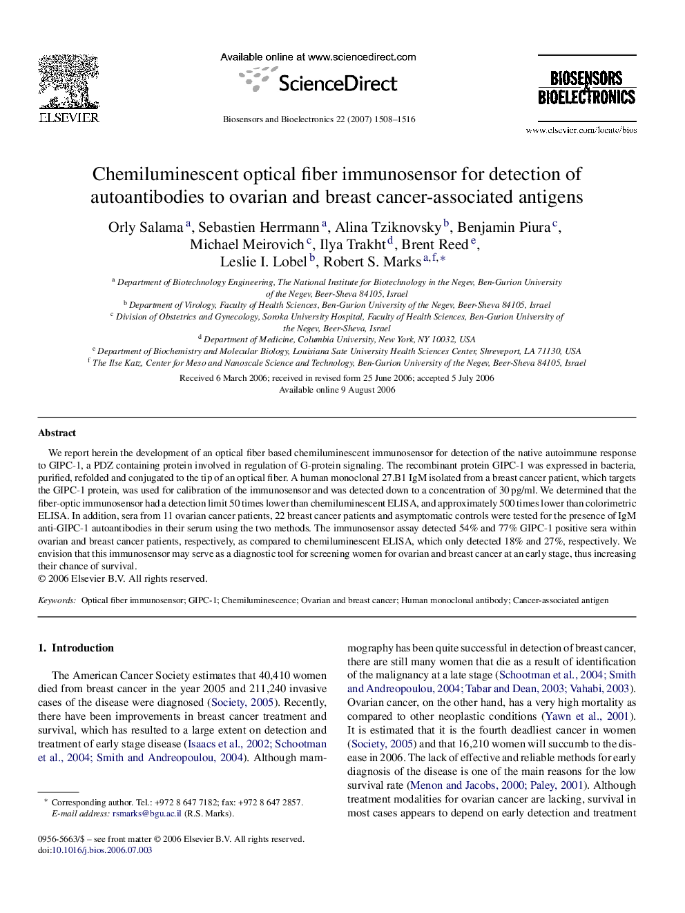 Chemiluminescent optical fiber immunosensor for detection of autoantibodies to ovarian and breast cancer-associated antigens