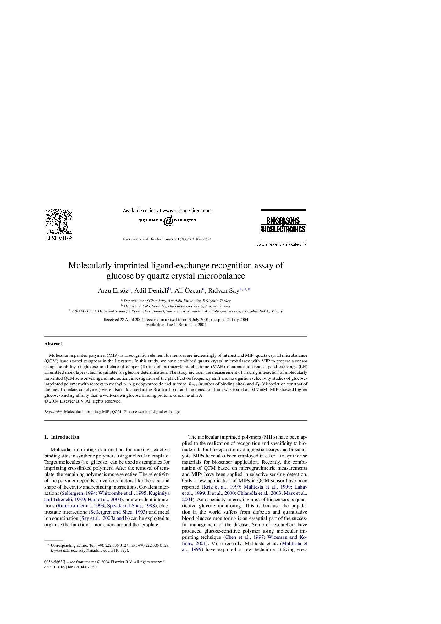 عکس صفحه اول مقاله: Molecularly imprinted ligand-exchange recognition assay of glucose by quartz crystal microbalance Molecularly imprinted ligand-exchange recognition assay of glucose by quartz crystal microbalance