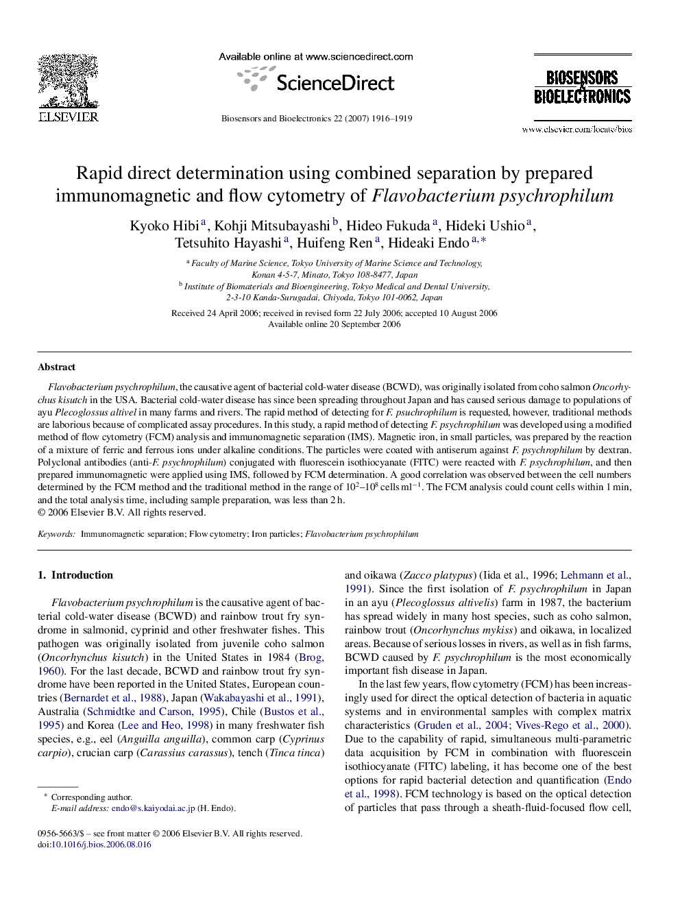 Rapid direct determination using combined separation by prepared immunomagnetic and flow cytometry of Flavobacterium psychrophilum