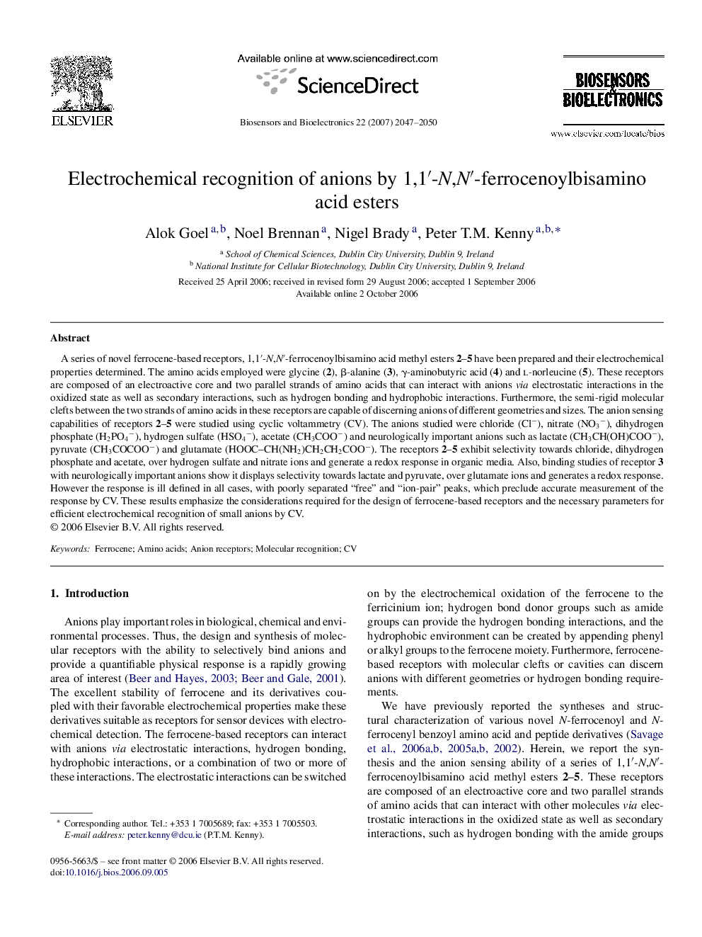 Electrochemical recognition of anions by 1,1′-N,N′-ferrocenoylbisamino acid esters