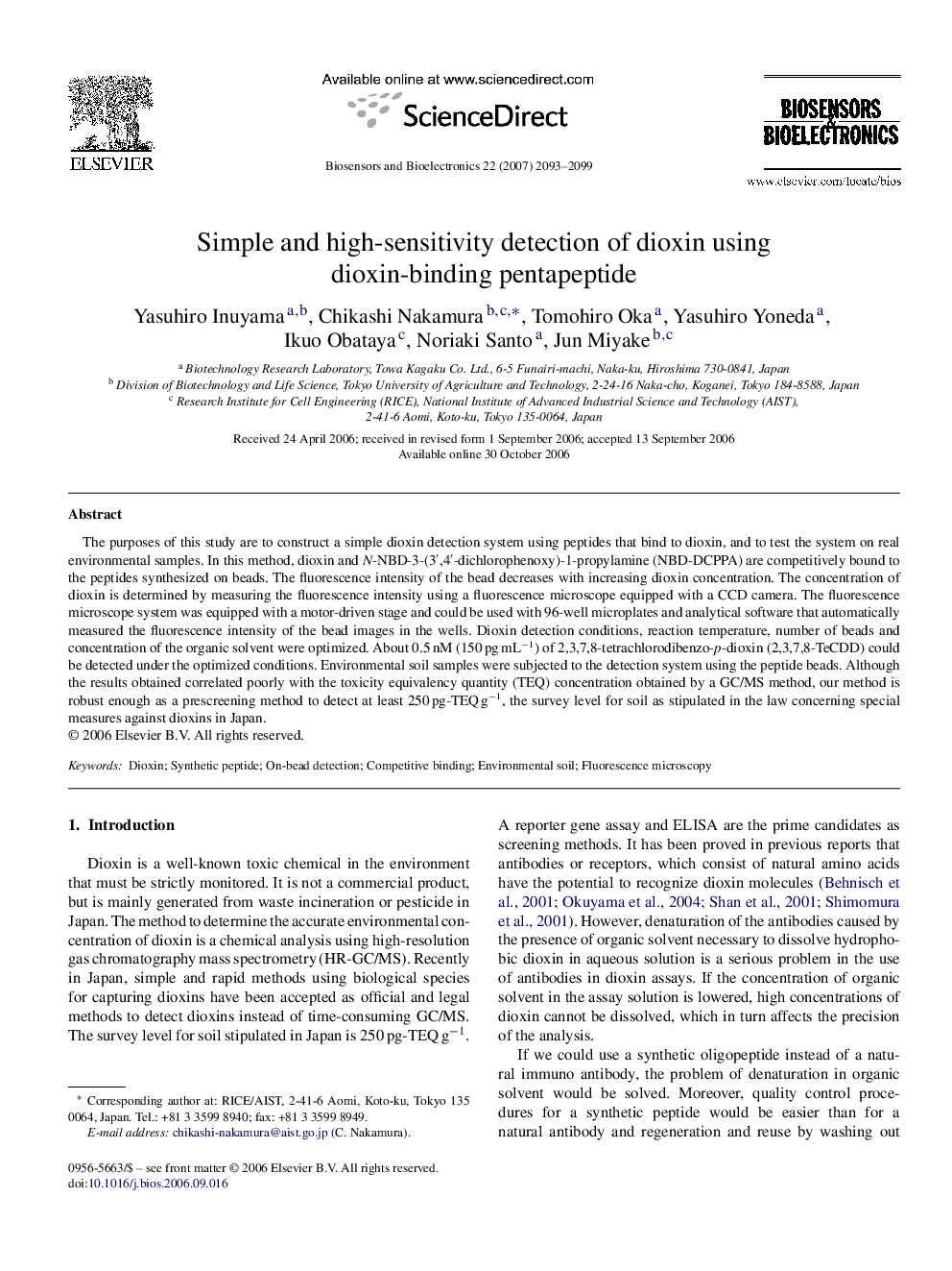 Simple and high-sensitivity detection of dioxin using dioxin-binding pentapeptide