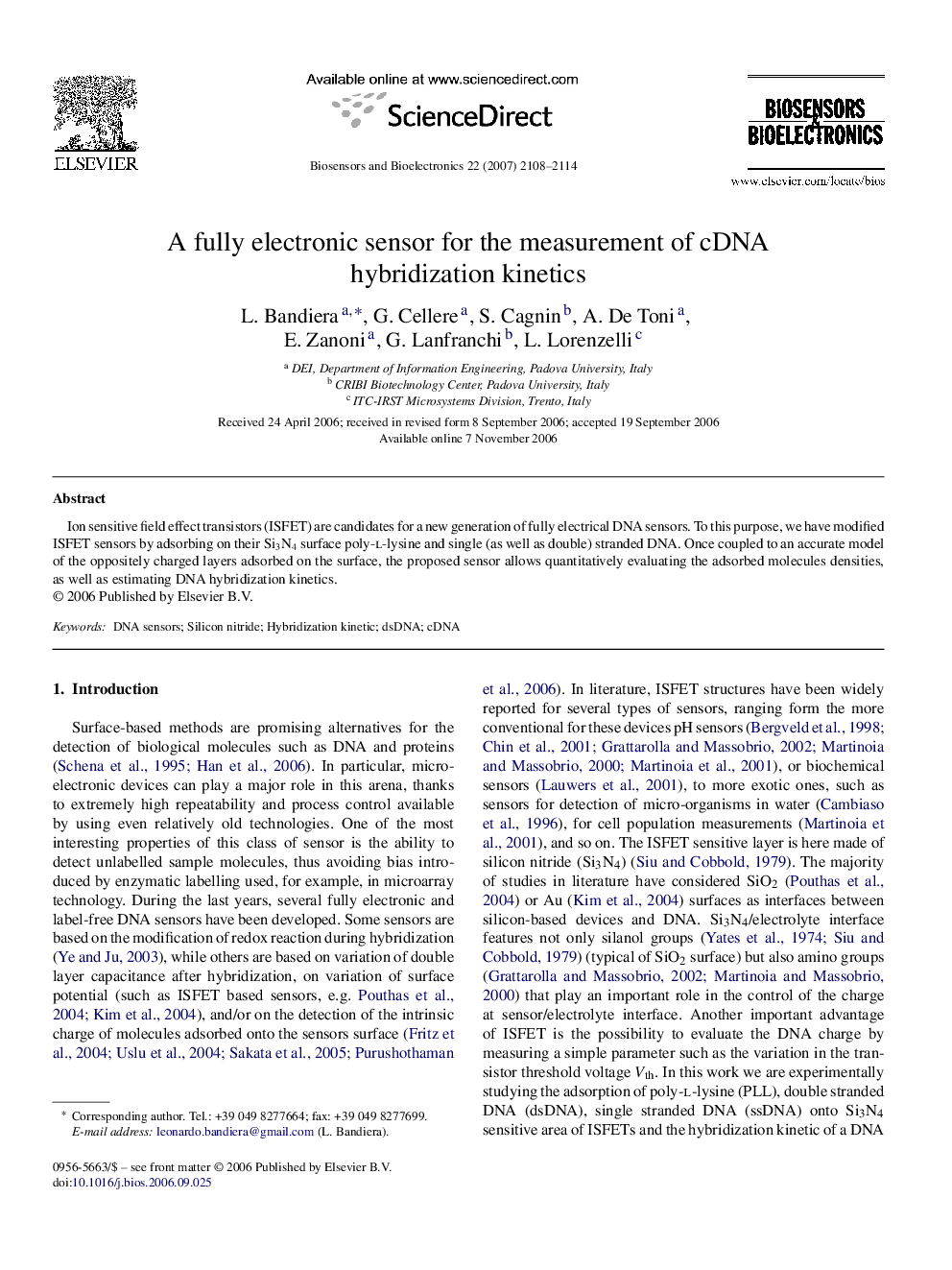 A fully electronic sensor for the measurement of cDNA hybridization kinetics