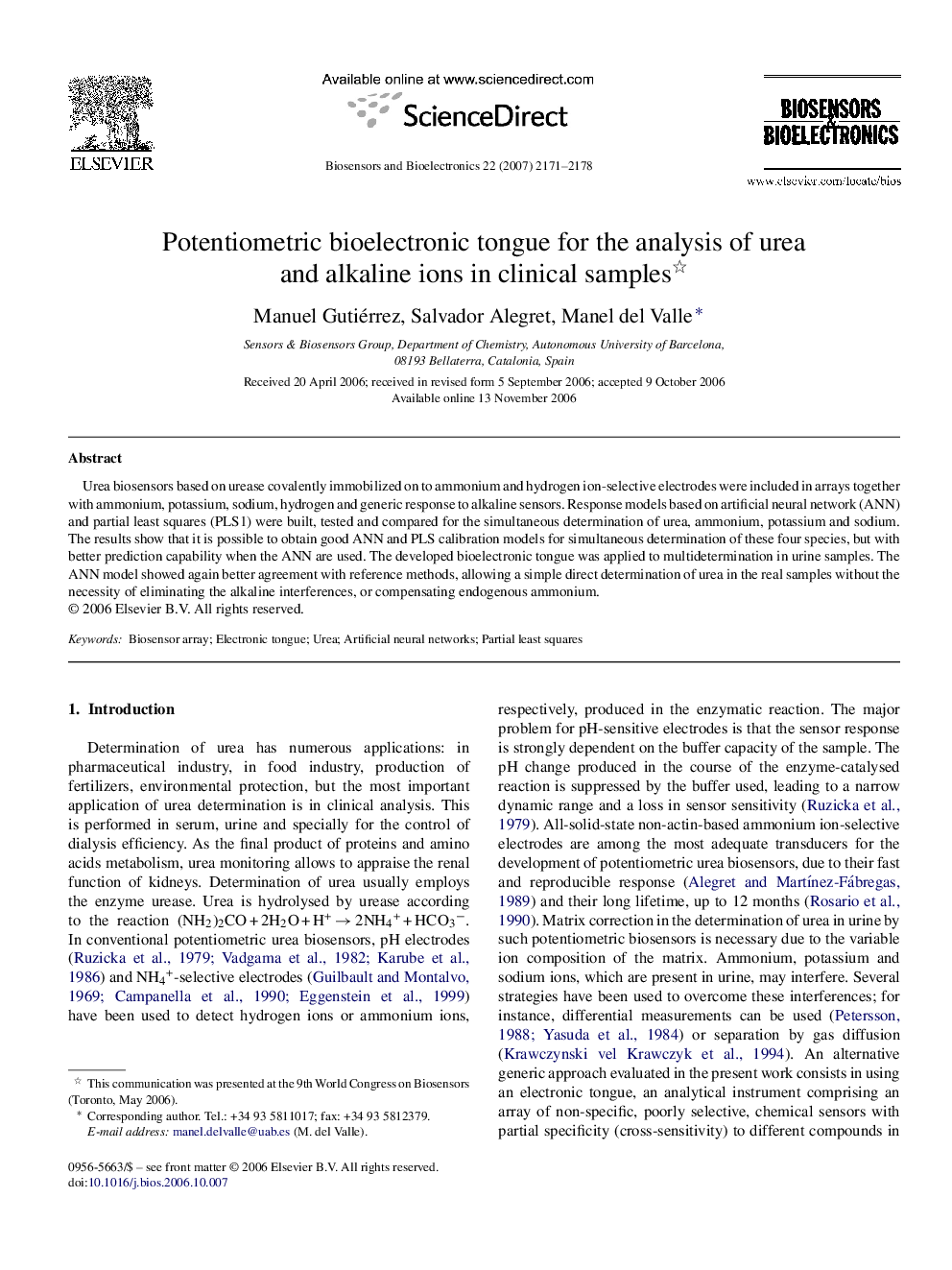 Potentiometric bioelectronic tongue for the analysis of urea and alkaline ions in clinical samples 