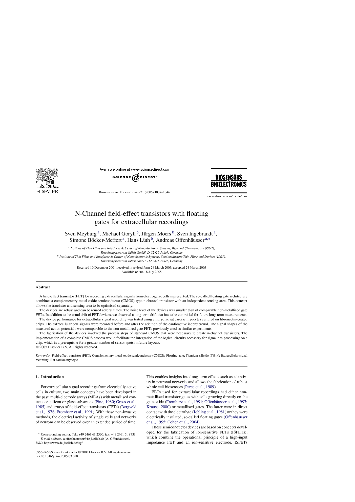 N-Channel field-effect transistors with floating gates for extracellular recordings