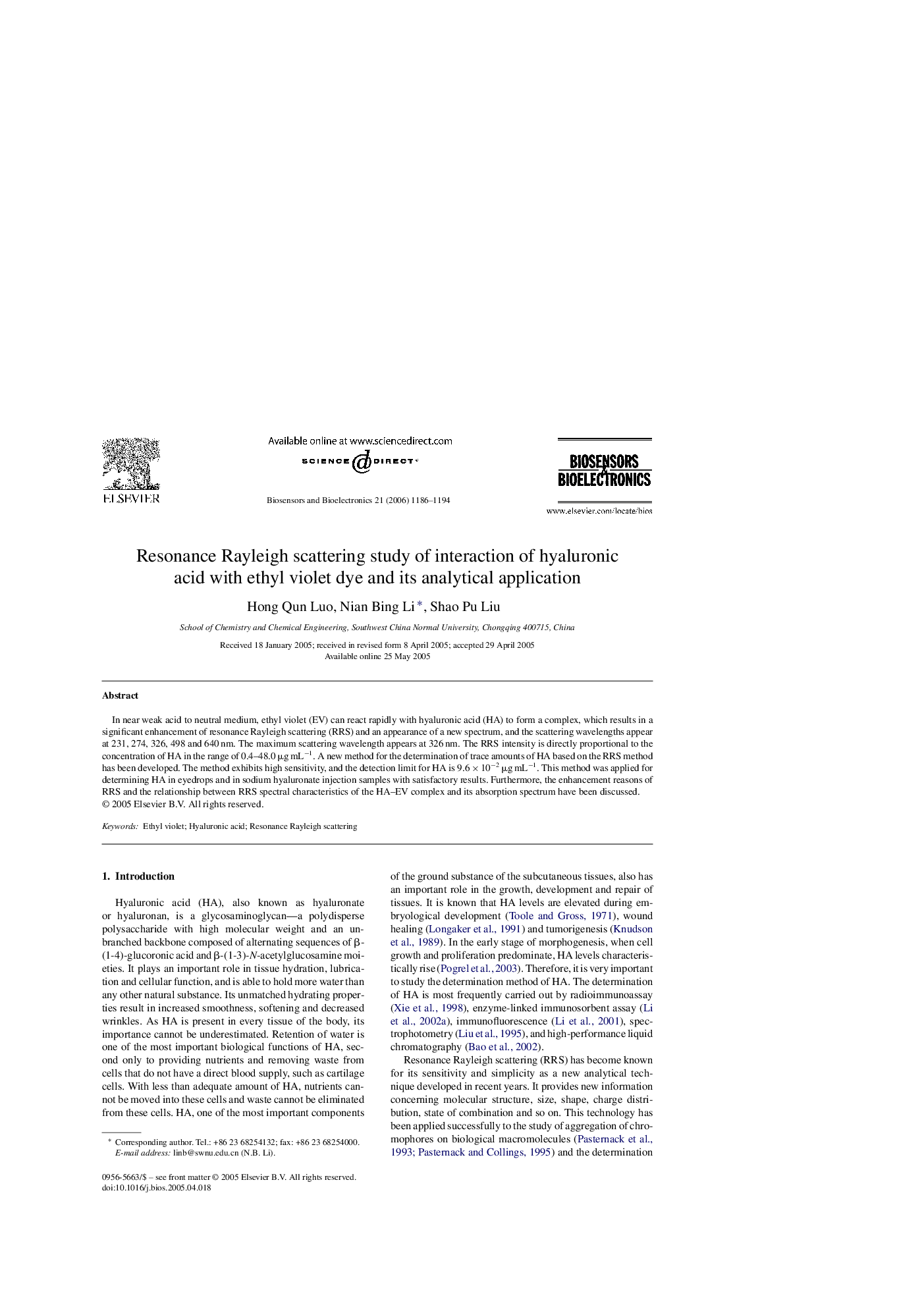 Resonance Rayleigh scattering study of interaction of hyaluronic acid with ethyl violet dye and its analytical application