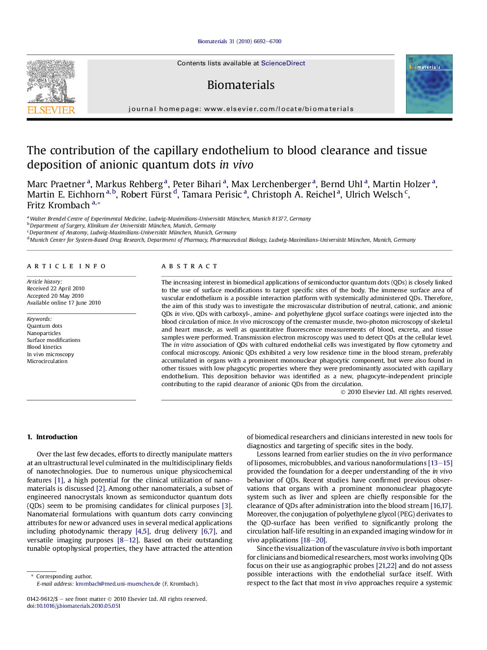 The contribution of the capillary endothelium to blood clearance and tissue deposition of anionic quantum dots in vivo