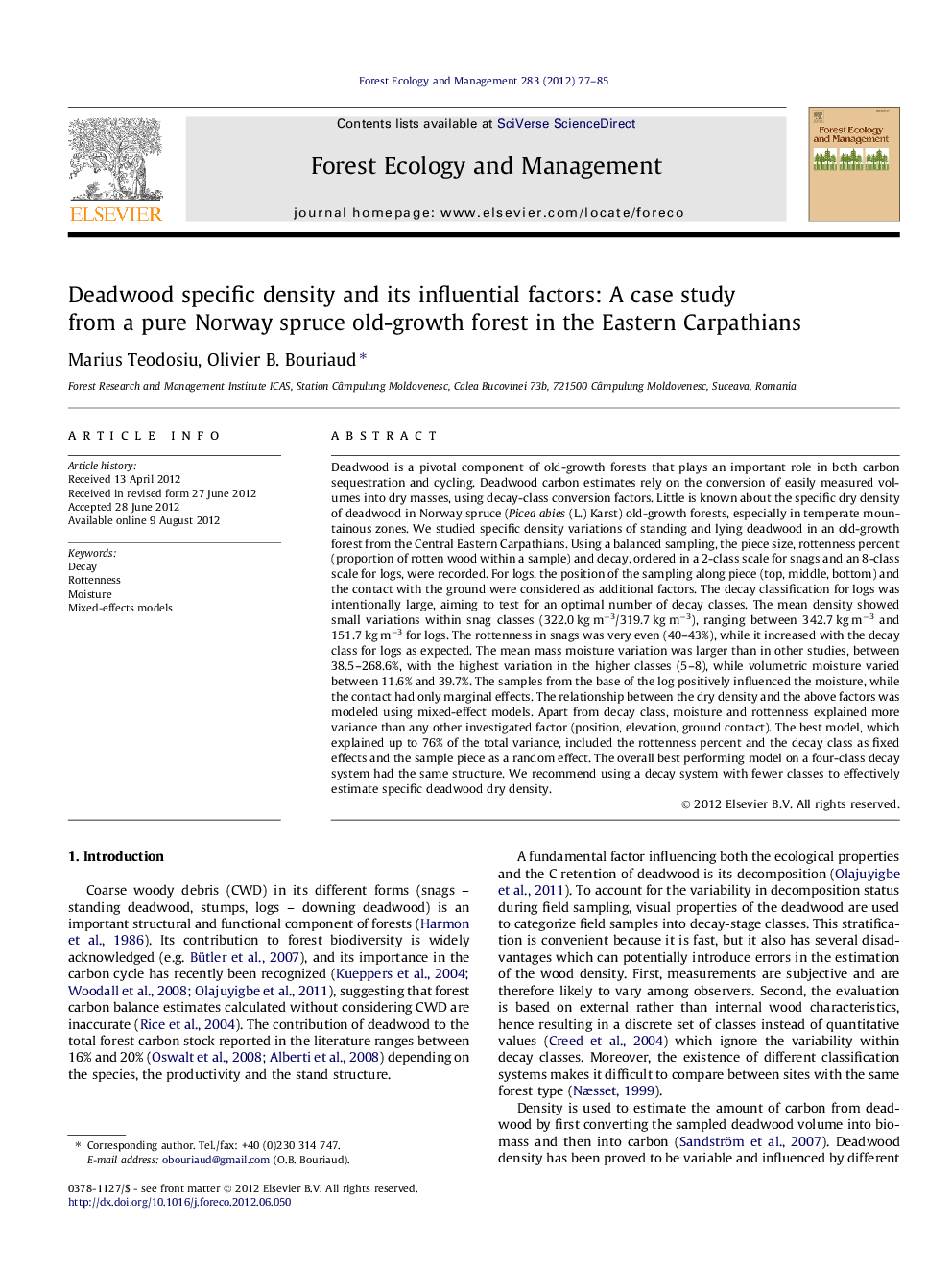 Deadwood specific density and its influential factors: A case study from a pure Norway spruce old-growth forest in the Eastern Carpathians