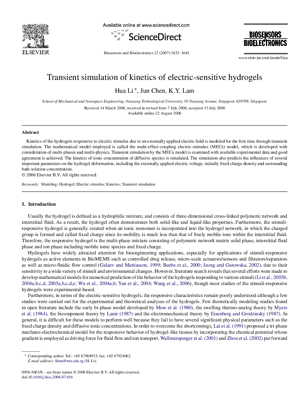 Transient simulation of kinetics of electric-sensitive hydrogels