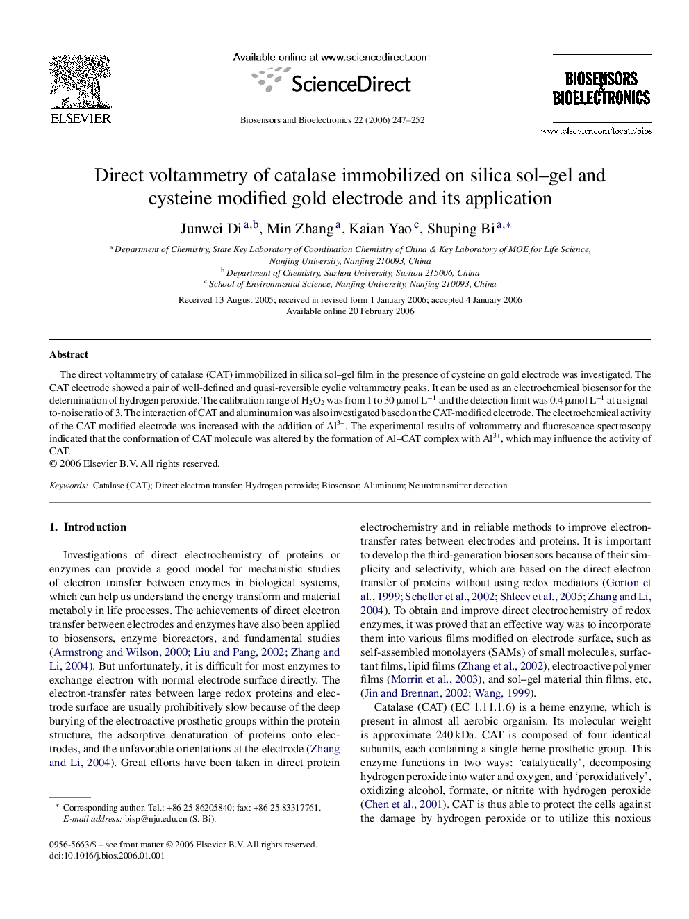 Direct voltammetry of catalase immobilized on silica sol–gel and cysteine modified gold electrode and its application