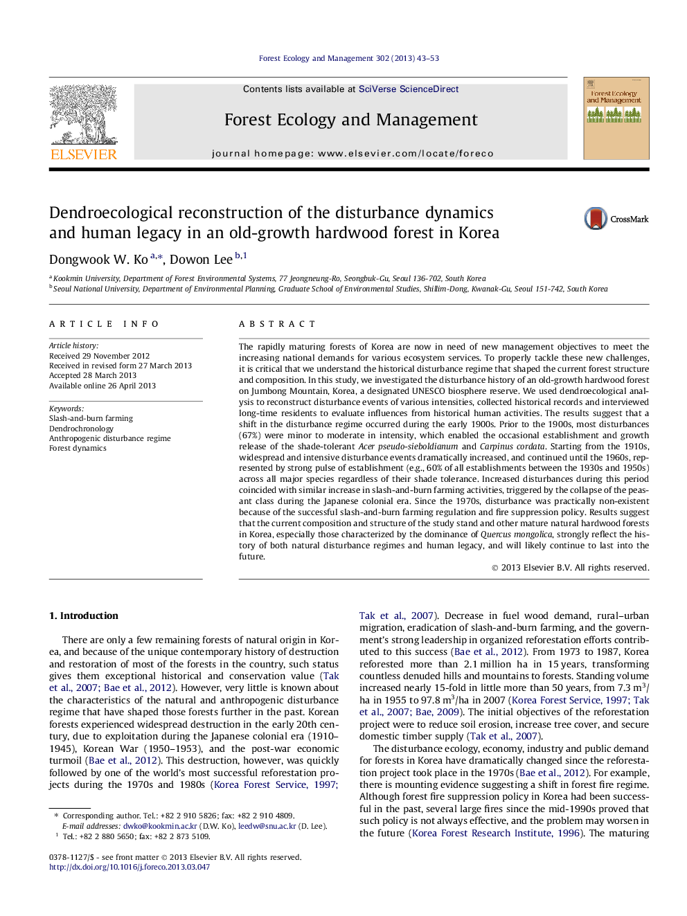 Dendroecological reconstruction of the disturbance dynamics and human legacy in an old-growth hardwood forest in Korea