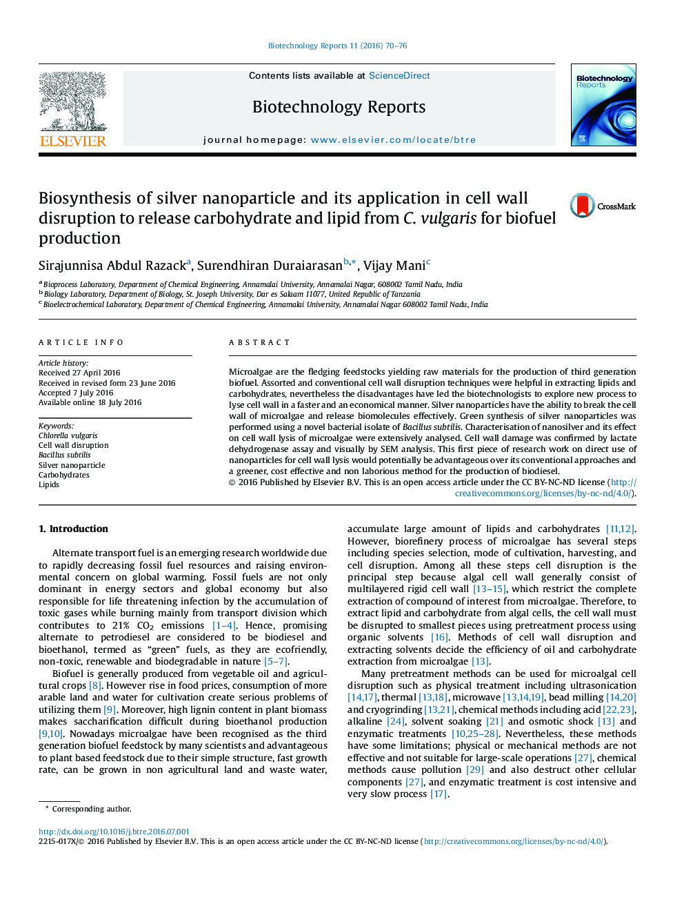 Biosynthesis of silver nanoparticle and its application in cell wall disruption to release carbohydrate and lipid from C. vulgaris for biofuel production