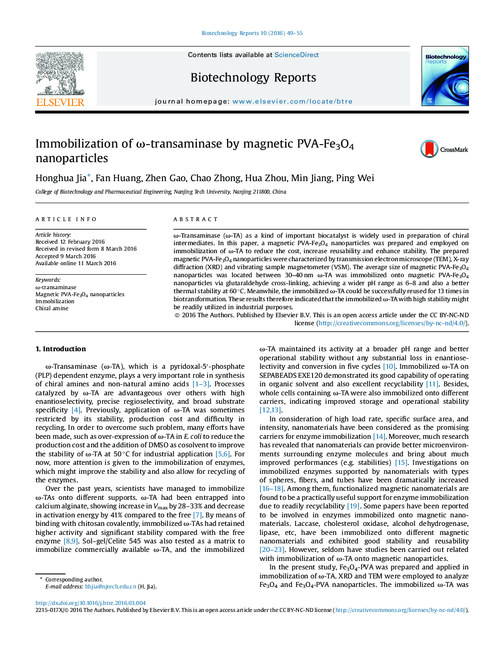 Immobilization of ω-transaminase by magnetic PVA-Fe3O4 nanoparticles