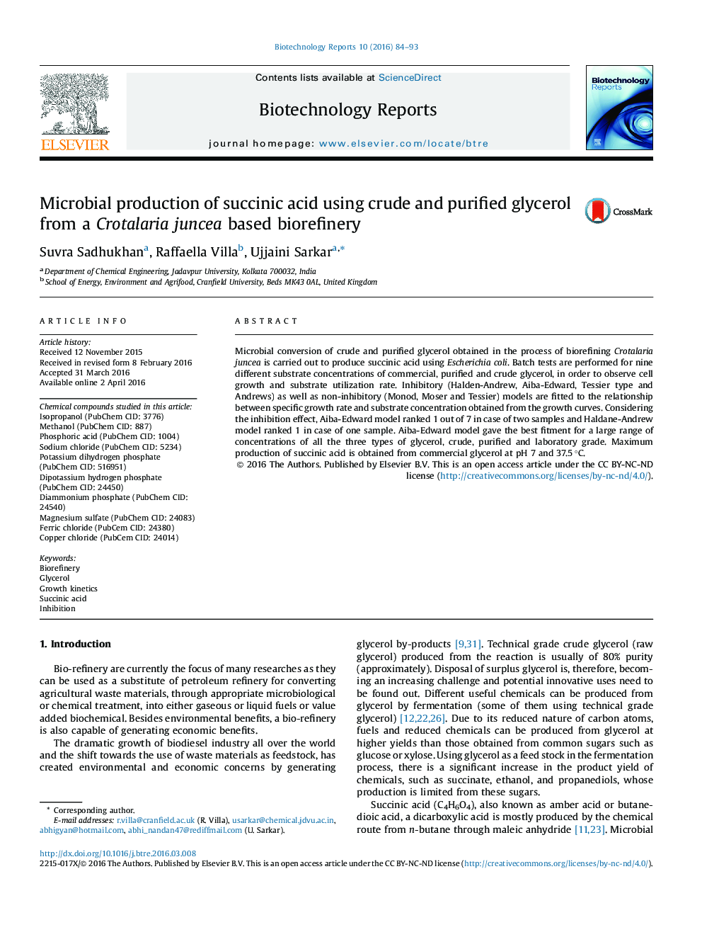 Microbial production of succinic acid using crude and purified glycerol from a Crotalaria juncea based biorefinery