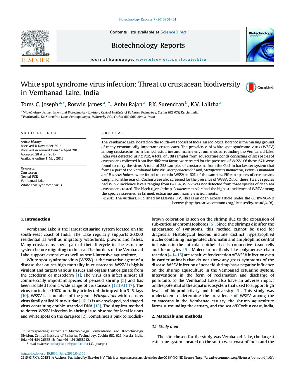 White spot syndrome virus infection: Threat to crustacean biodiversity in Vembanad Lake, India 