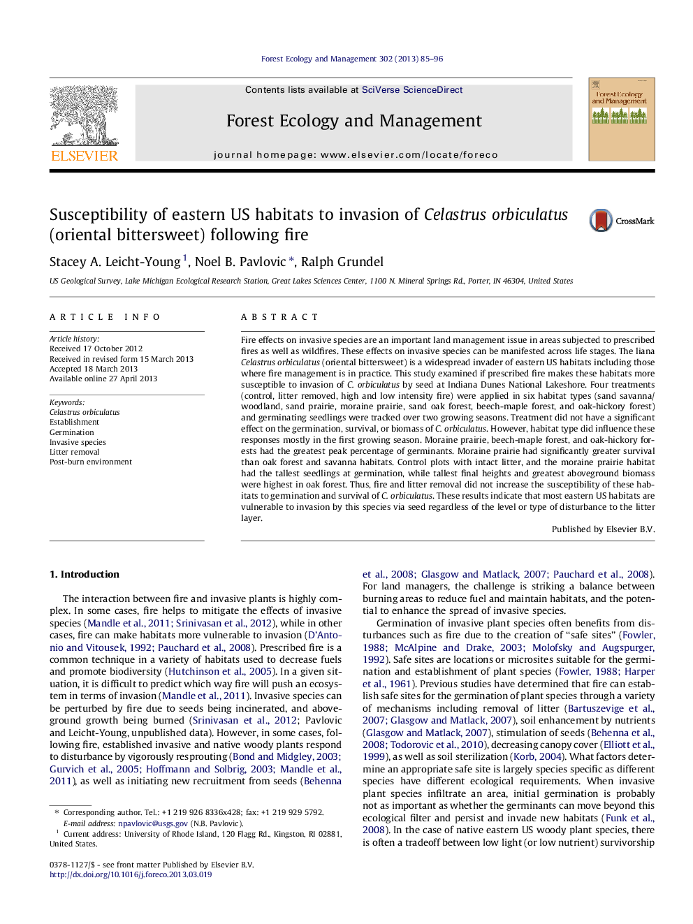 Susceptibility of eastern US habitats to invasion of Celastrus orbiculatus (oriental bittersweet) following fire