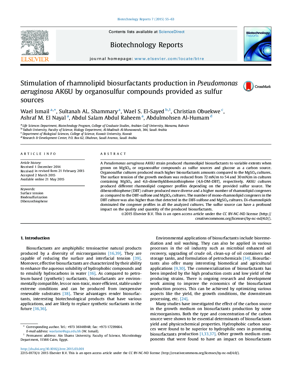 Stimulation of rhamnolipid biosurfactants production in Pseudomonas aeruginosa AK6U by organosulfur compounds provided as sulfur sources 