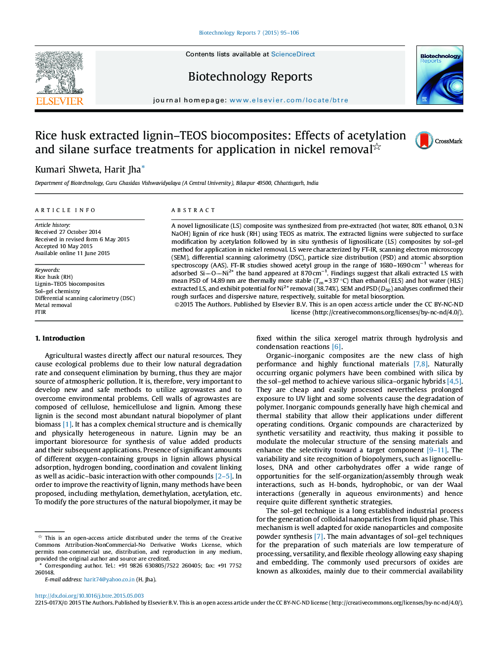 Rice husk extracted lignin–TEOS biocomposites: Effects of acetylation and silane surface treatments for application in nickel removal 