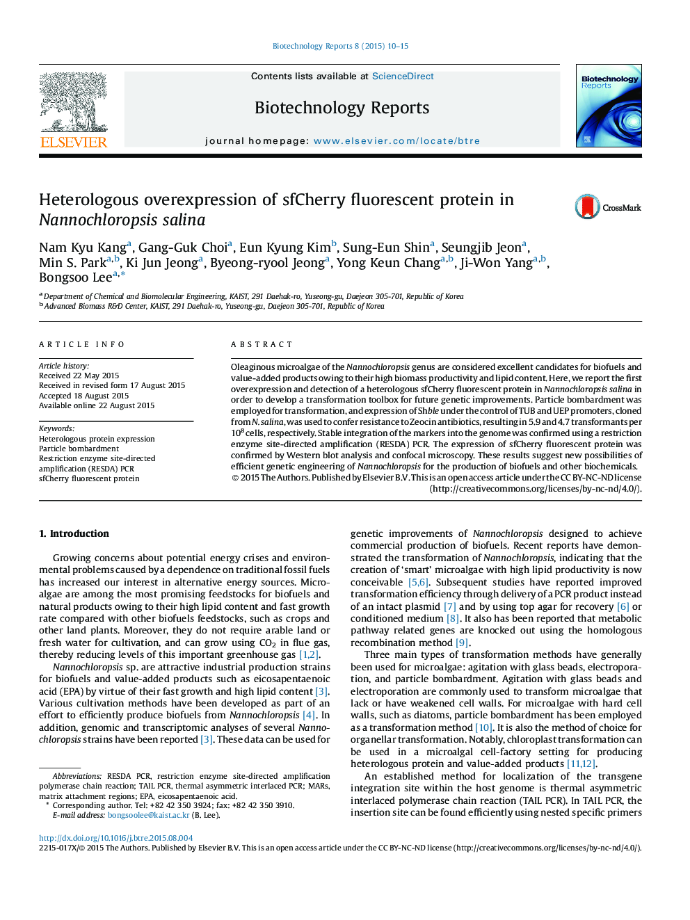 Heterologous overexpression of sfCherry fluorescent protein in Nannochloropsis salina