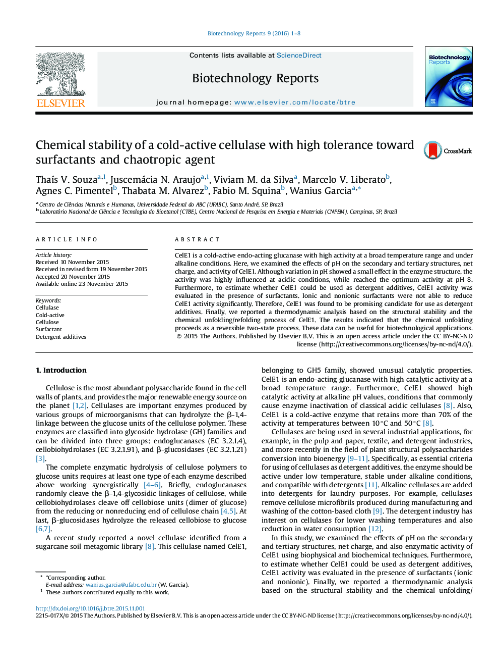 Chemical stability of a cold-active cellulase with high tolerance toward surfactants and chaotropic agent