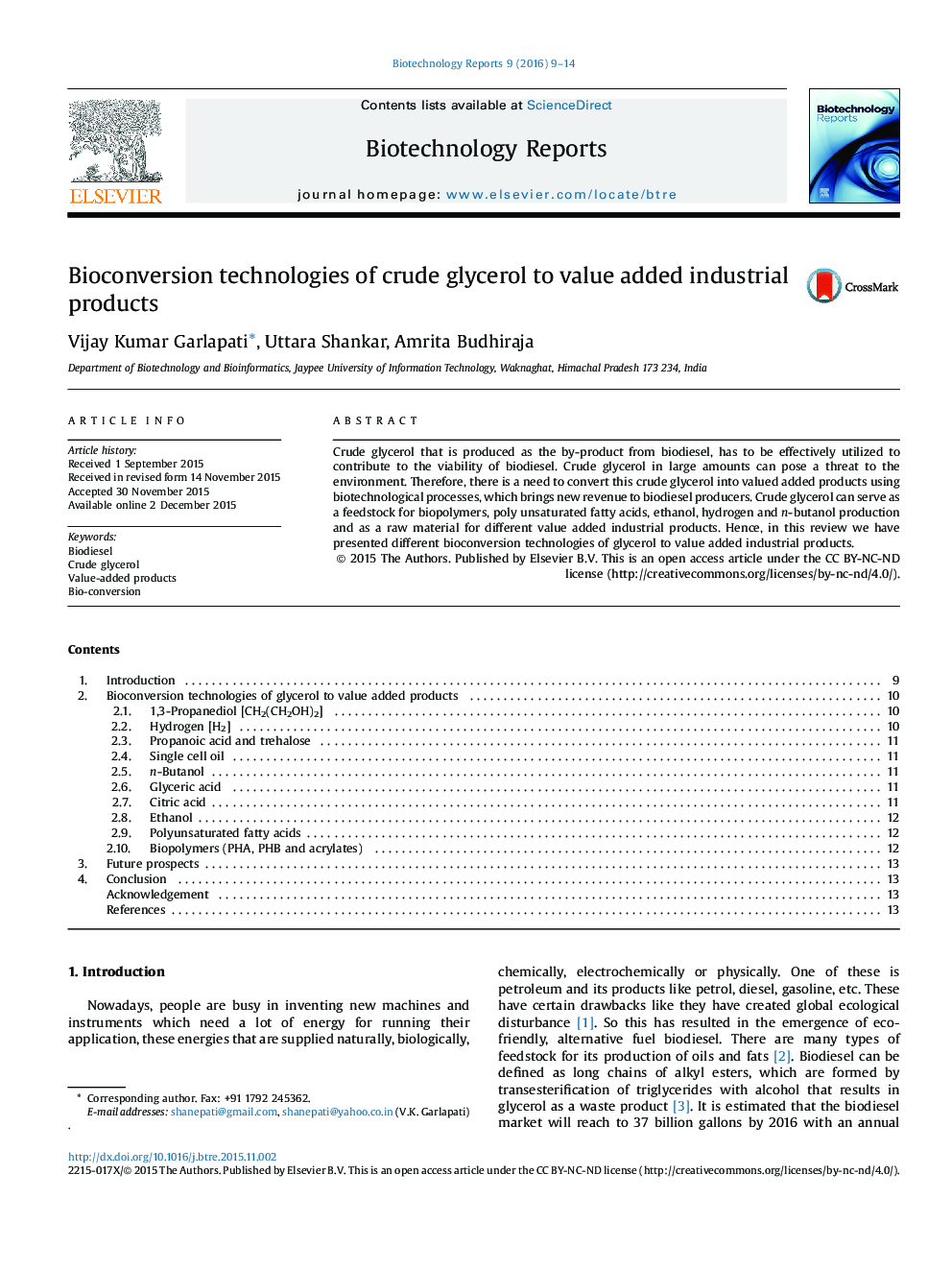 Bioconversion technologies of crude glycerol to value added industrial products