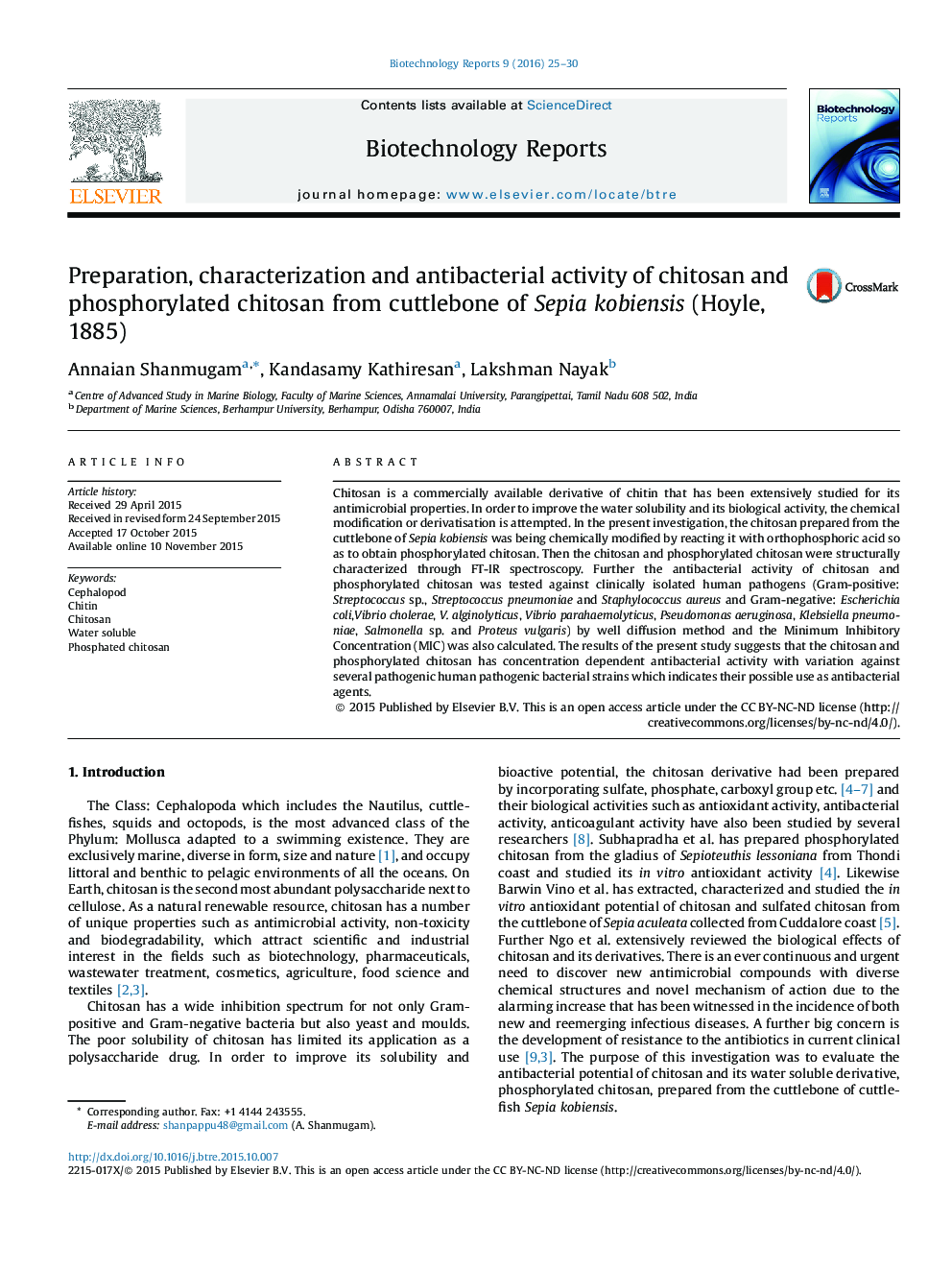 Preparation, characterization and antibacterial activity of chitosan and phosphorylated chitosan from cuttlebone of Sepia kobiensis (Hoyle, 1885)