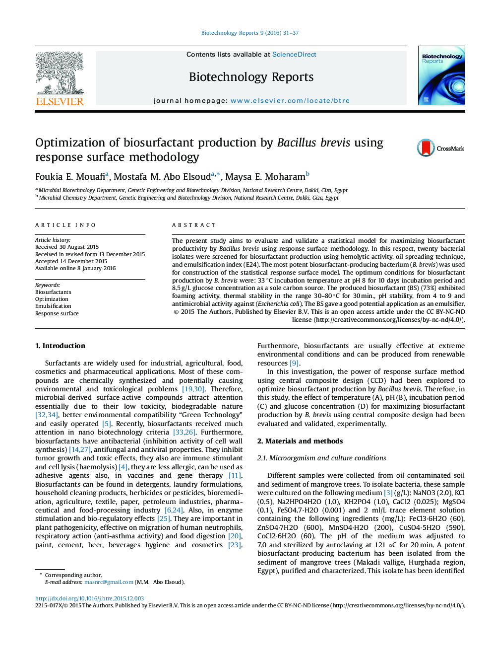 Optimization of biosurfactant production by Bacillus brevis using response surface methodology