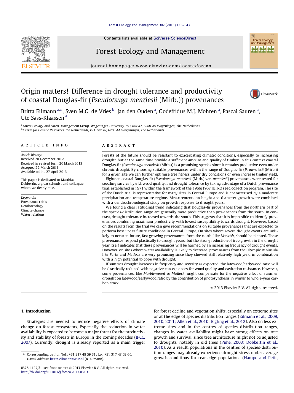 Origin matters! Difference in drought tolerance and productivity of coastal Douglas-fir (Pseudotsuga menziesii (Mirb.)) provenances