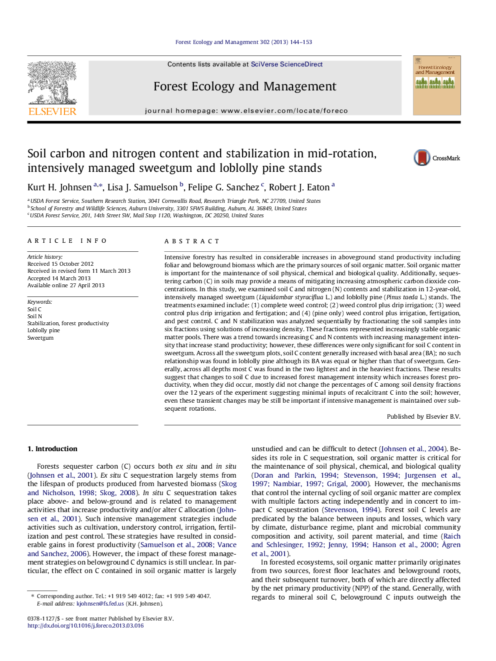 Soil carbon and nitrogen content and stabilization in mid-rotation, intensively managed sweetgum and loblolly pine stands