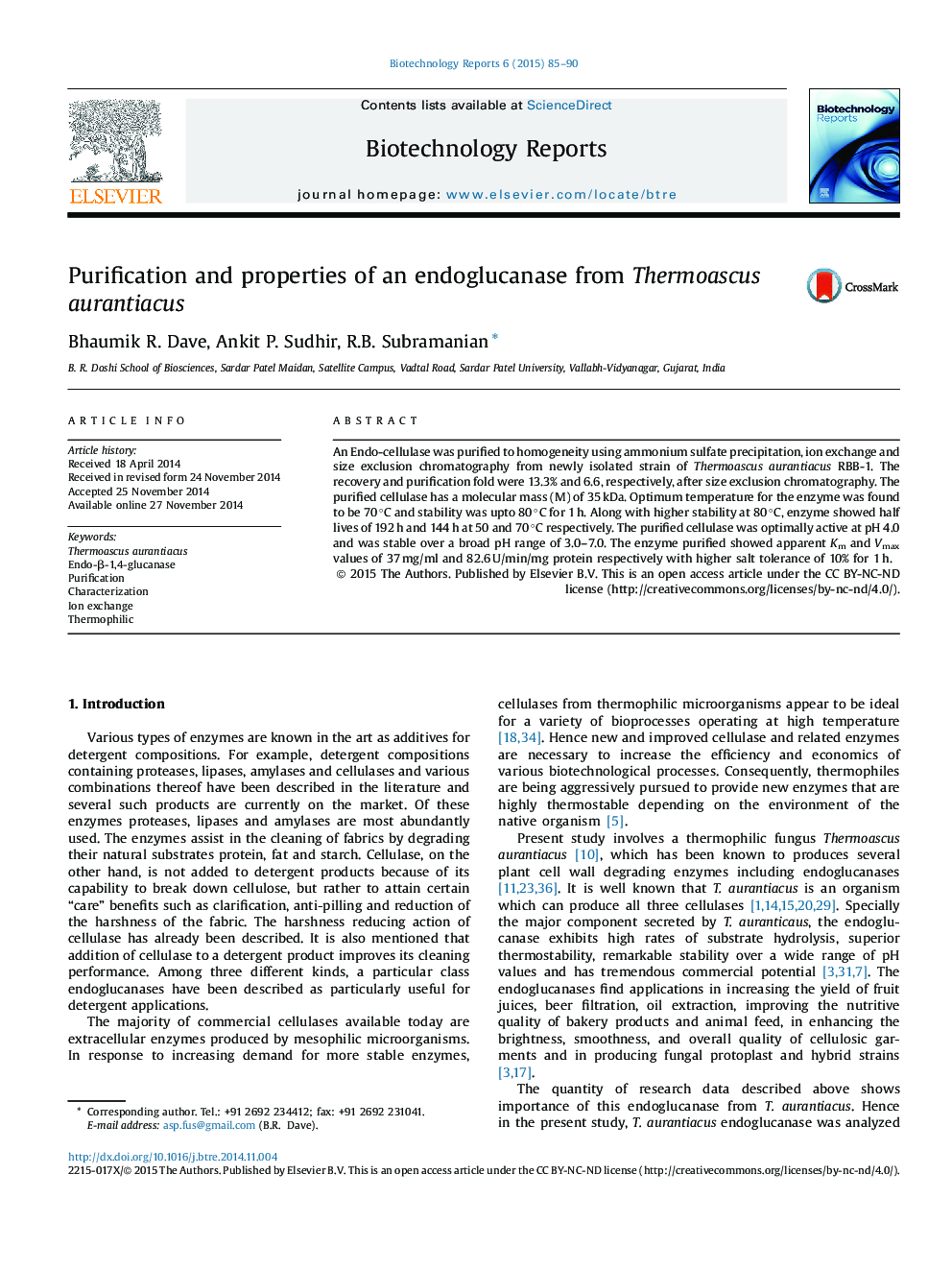 Purification and properties of an endoglucanase from Thermoascus aurantiacus 