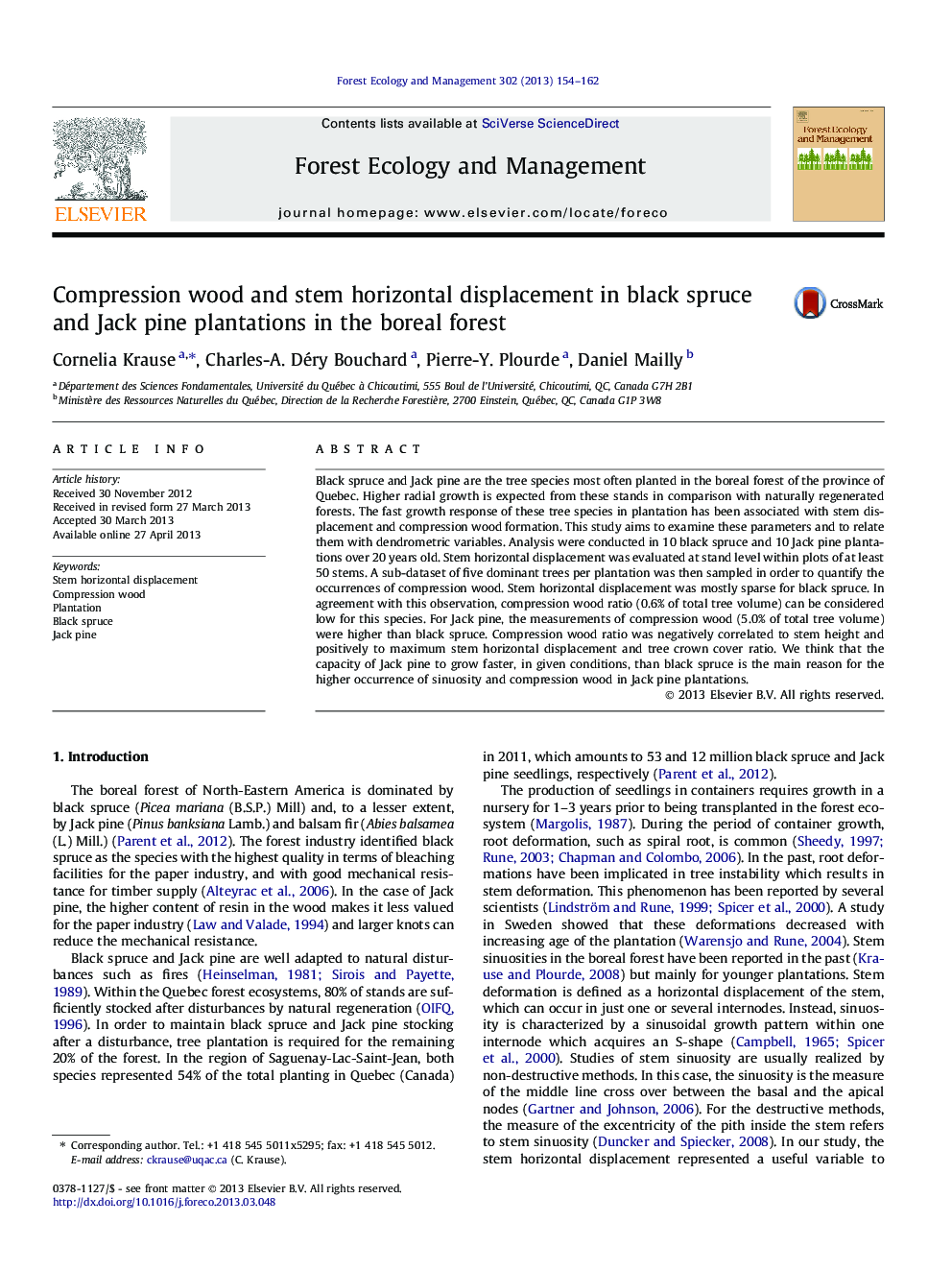 Compression wood and stem horizontal displacement in black spruce and Jack pine plantations in the boreal forest