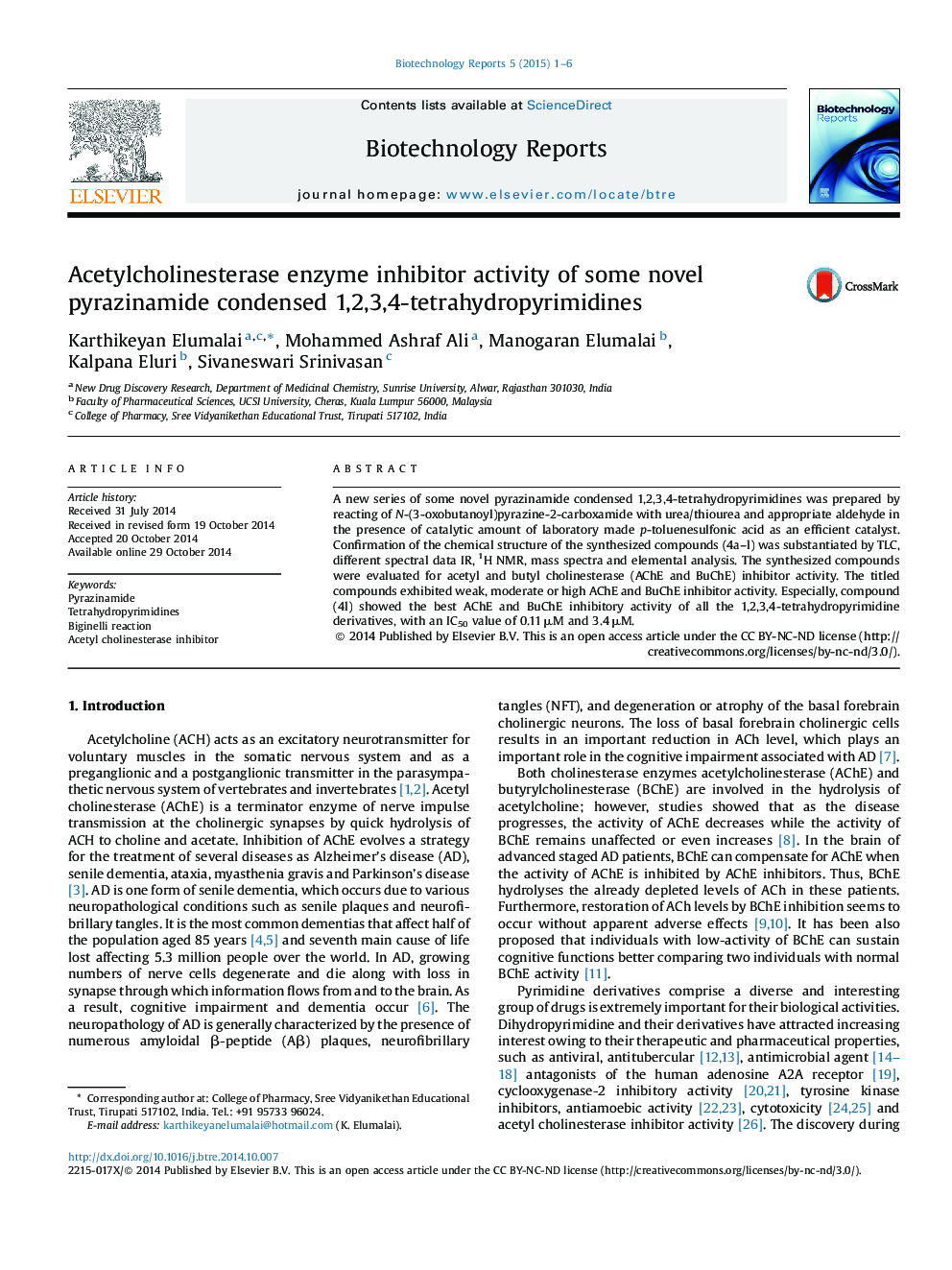 Acetylcholinesterase enzyme inhibitor activity of some novel pyrazinamide condensed 1,2,3,4-tetrahydropyrimidines 