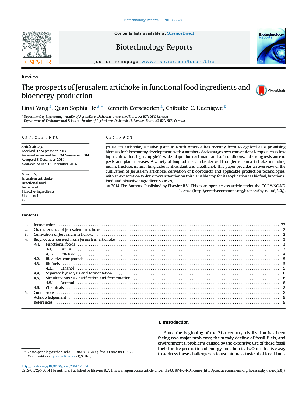 The prospects of Jerusalem artichoke in functional food ingredients and bioenergy production