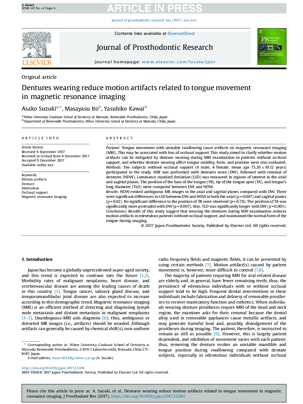 Dentures wearing reduce motion artifacts related to tongue movement in magnetic resonance imaging