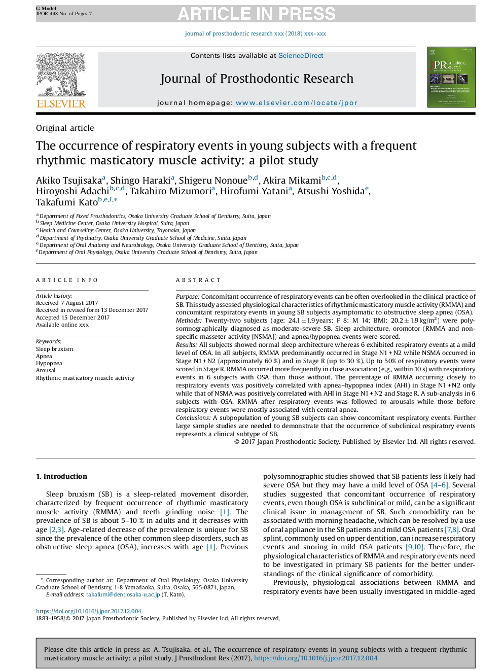 The occurrence of respiratory events in young subjects with a frequent rhythmic masticatory muscle activity: a pilot study