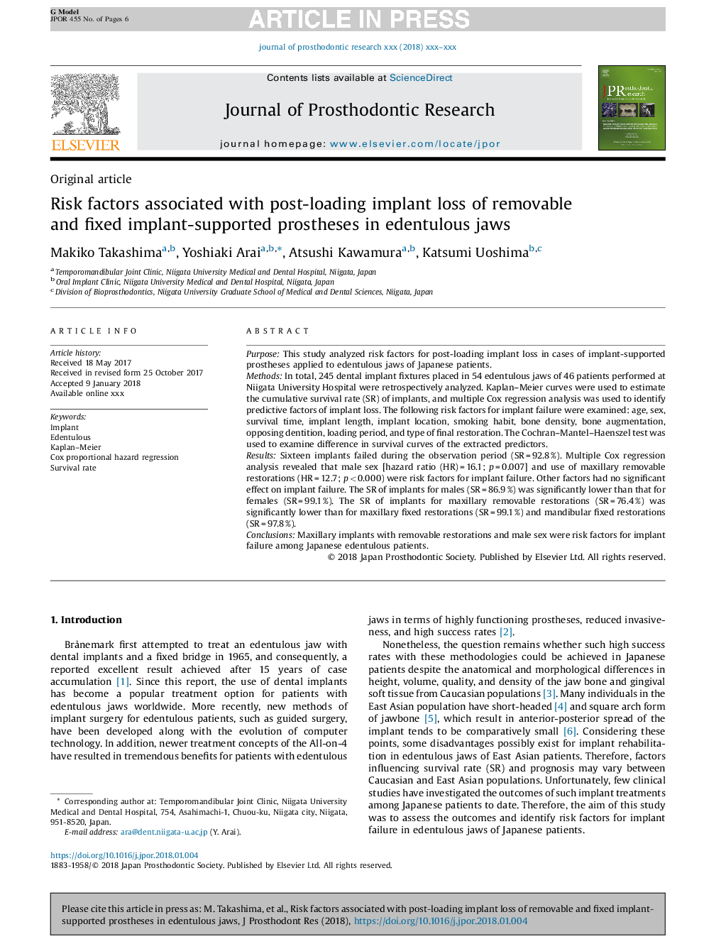 Risk factors associated with post-loading implant loss of removable and fixed implant-supported prostheses in edentulous jaws