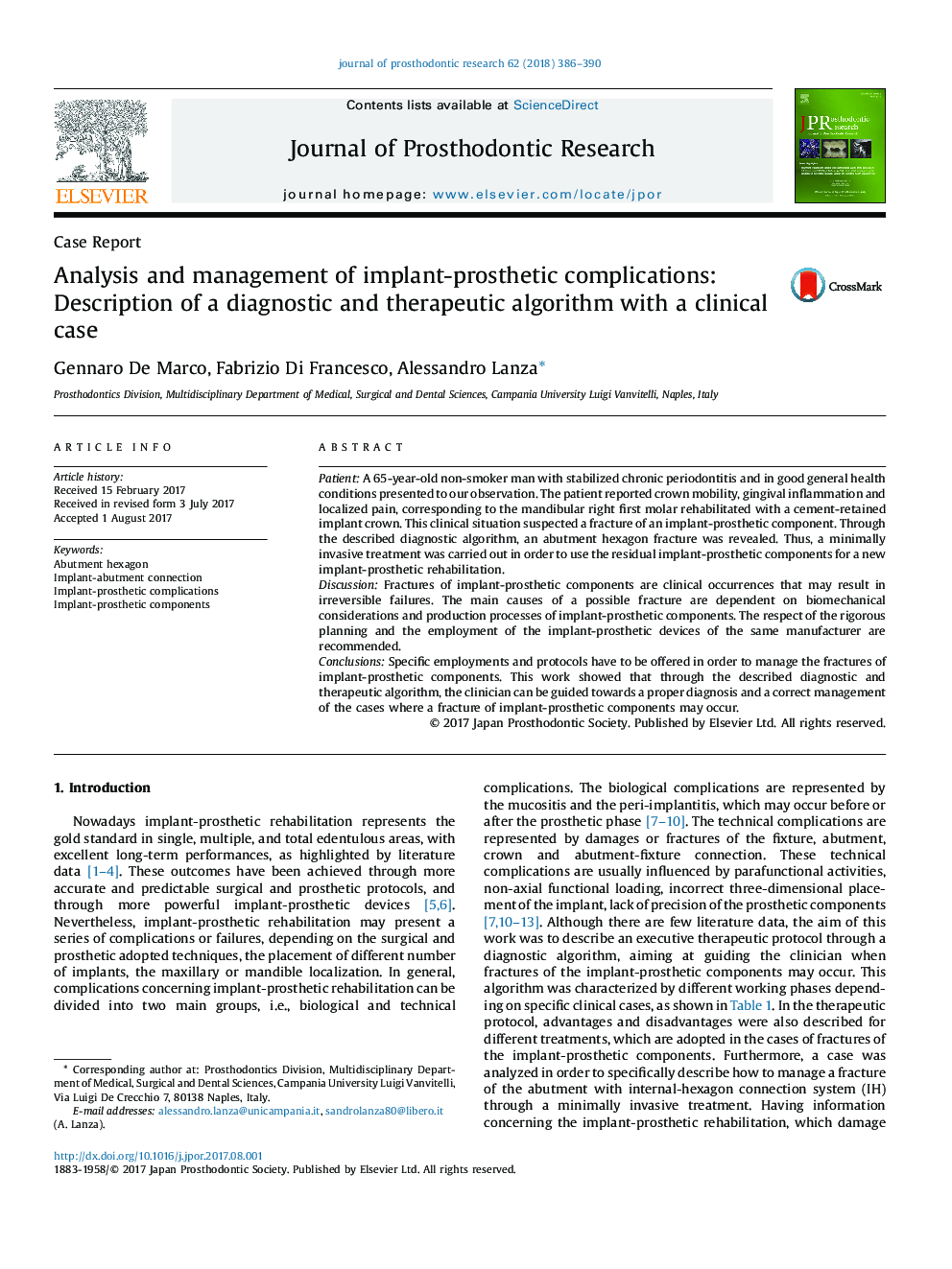 Analysis and management of implant-prosthetic complications: Description of a diagnostic and therapeutic algorithm with a clinical case