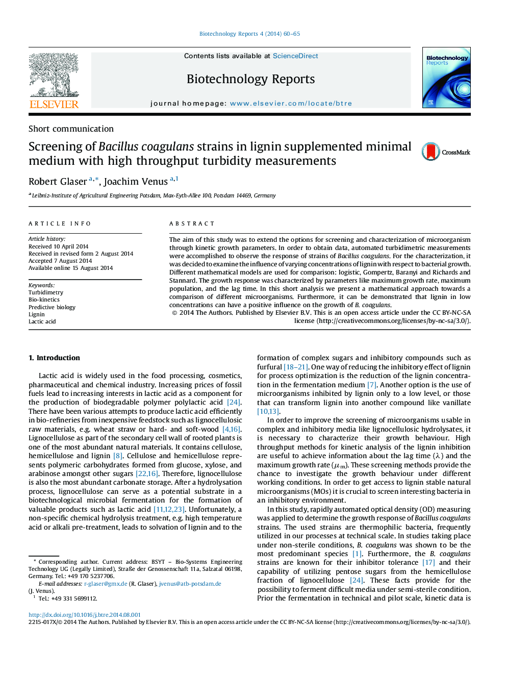 Screening of Bacillus coagulans strains in lignin supplemented minimal medium with high throughput turbidity measurements