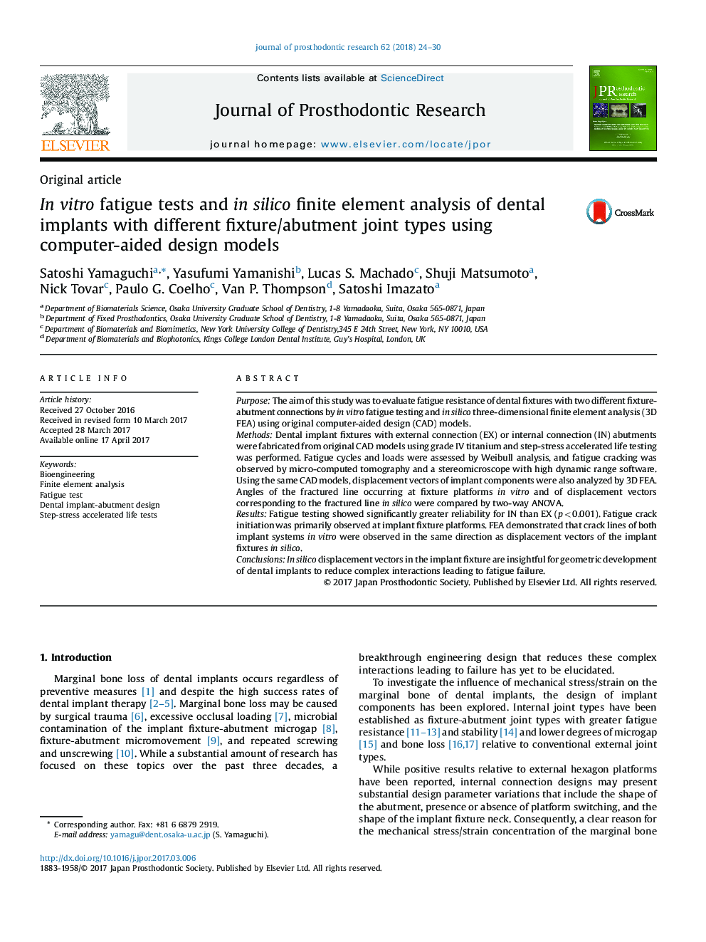 In vitro fatigue tests and in silico finite element analysis of dental implants with different fixture/abutment joint types using computer-aided design models