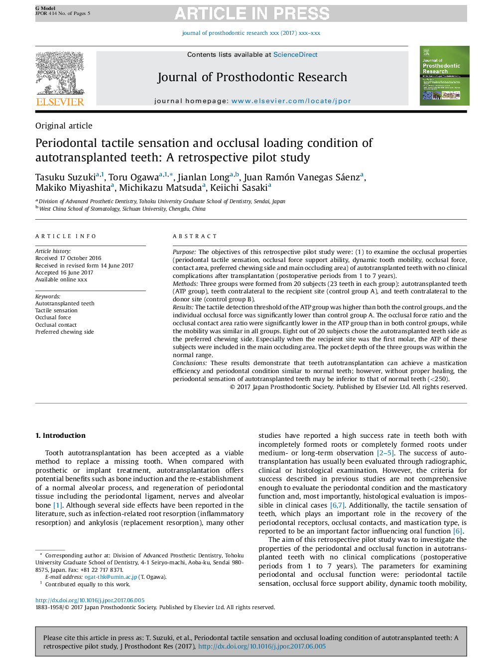 Periodontal tactile sensation and occlusal loading condition of autotransplanted teeth: A retrospective pilot study