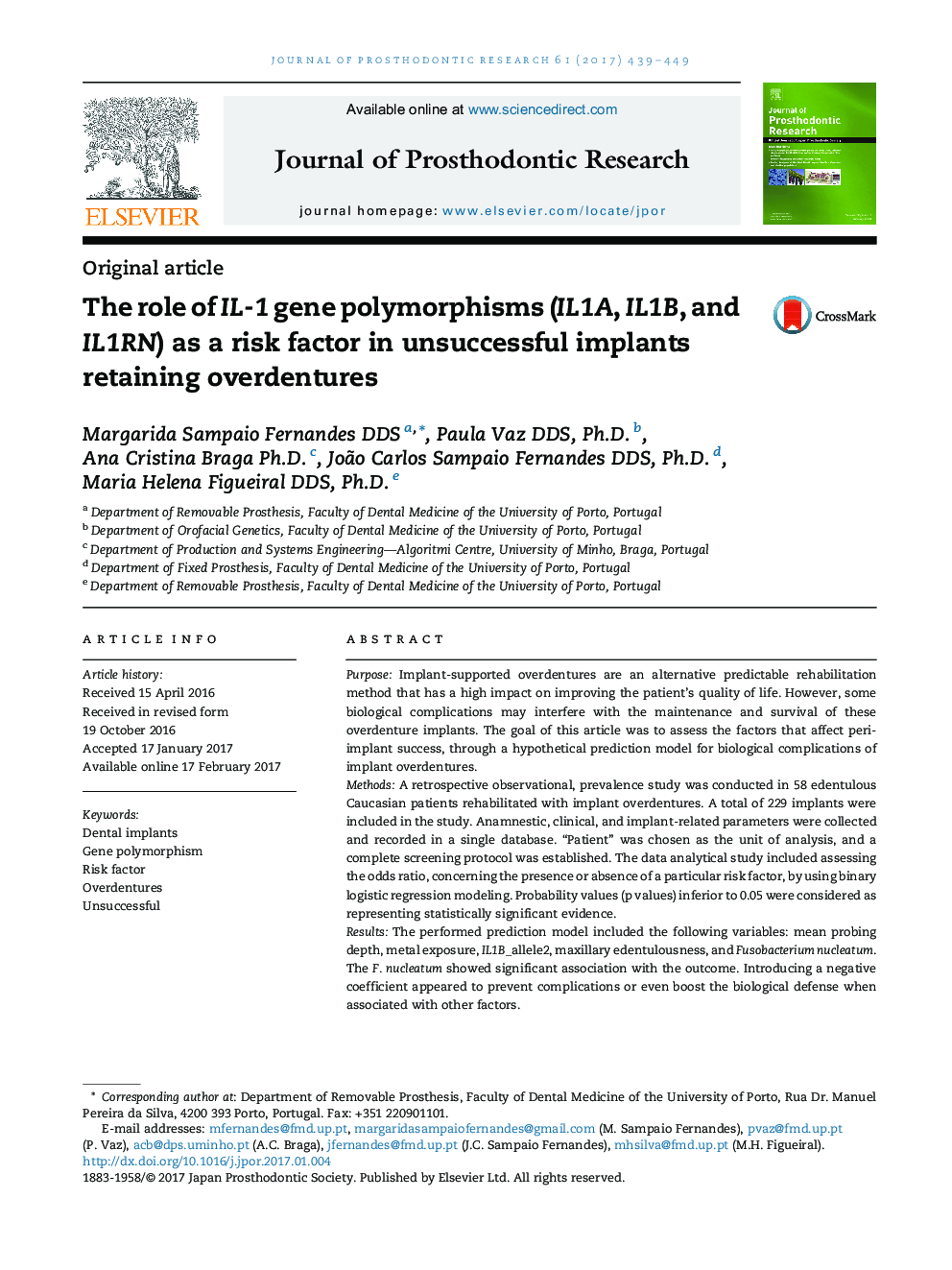 The role of IL-1 gene polymorphisms (IL1A, IL1B, and IL1RN) as a risk factor in unsuccessful implants retaining overdentures