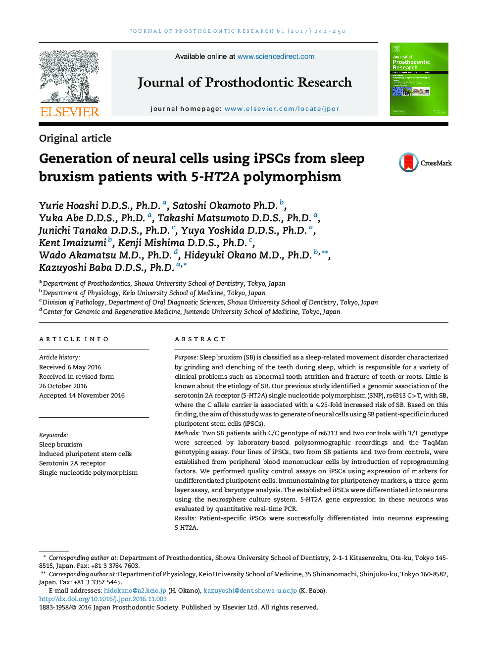 Generation of neural cells using iPSCs from sleep bruxism patients with 5-HT2A polymorphism